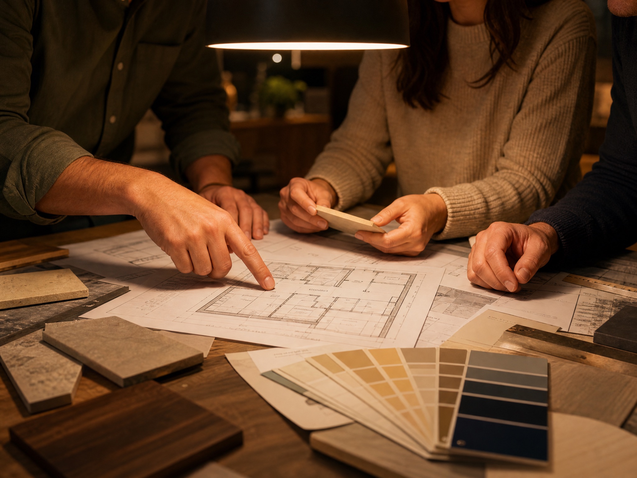 Builder and homeowners reviewing floor plans and material samples at a kitchen table