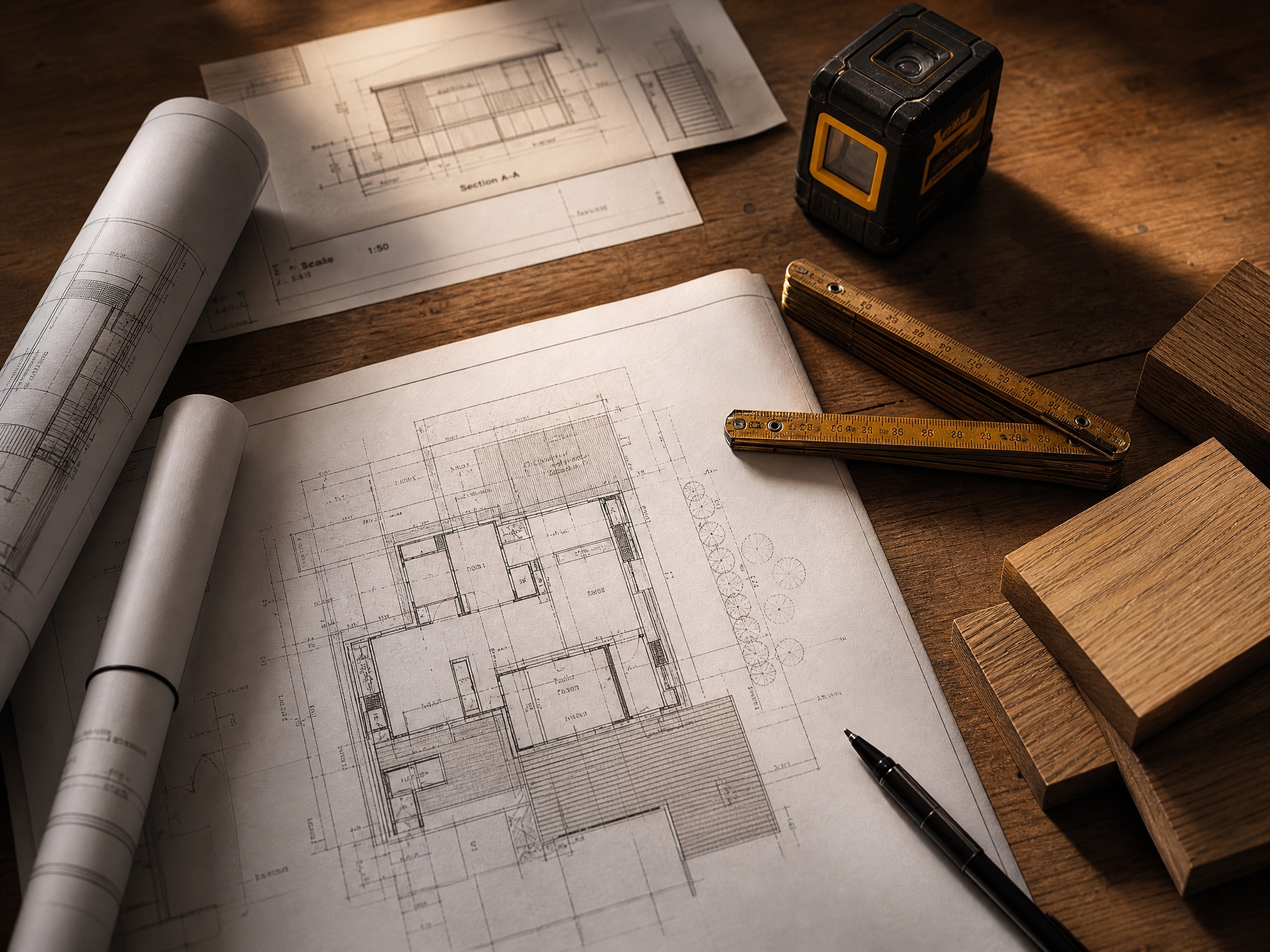 Architectural drawings, laser level and oak samples arranged on a workbench