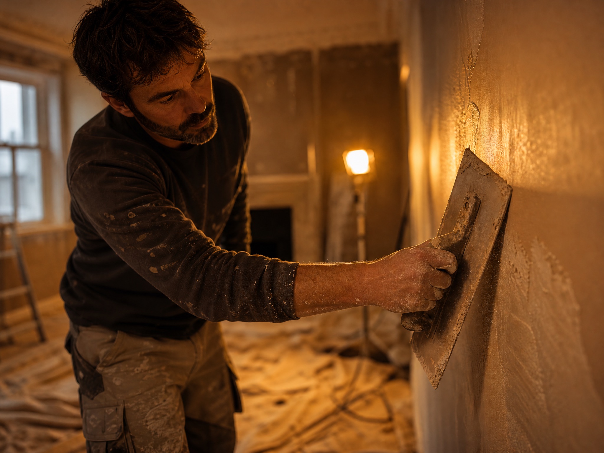 Plasterer skimming a fresh wall inside a period house under renovation