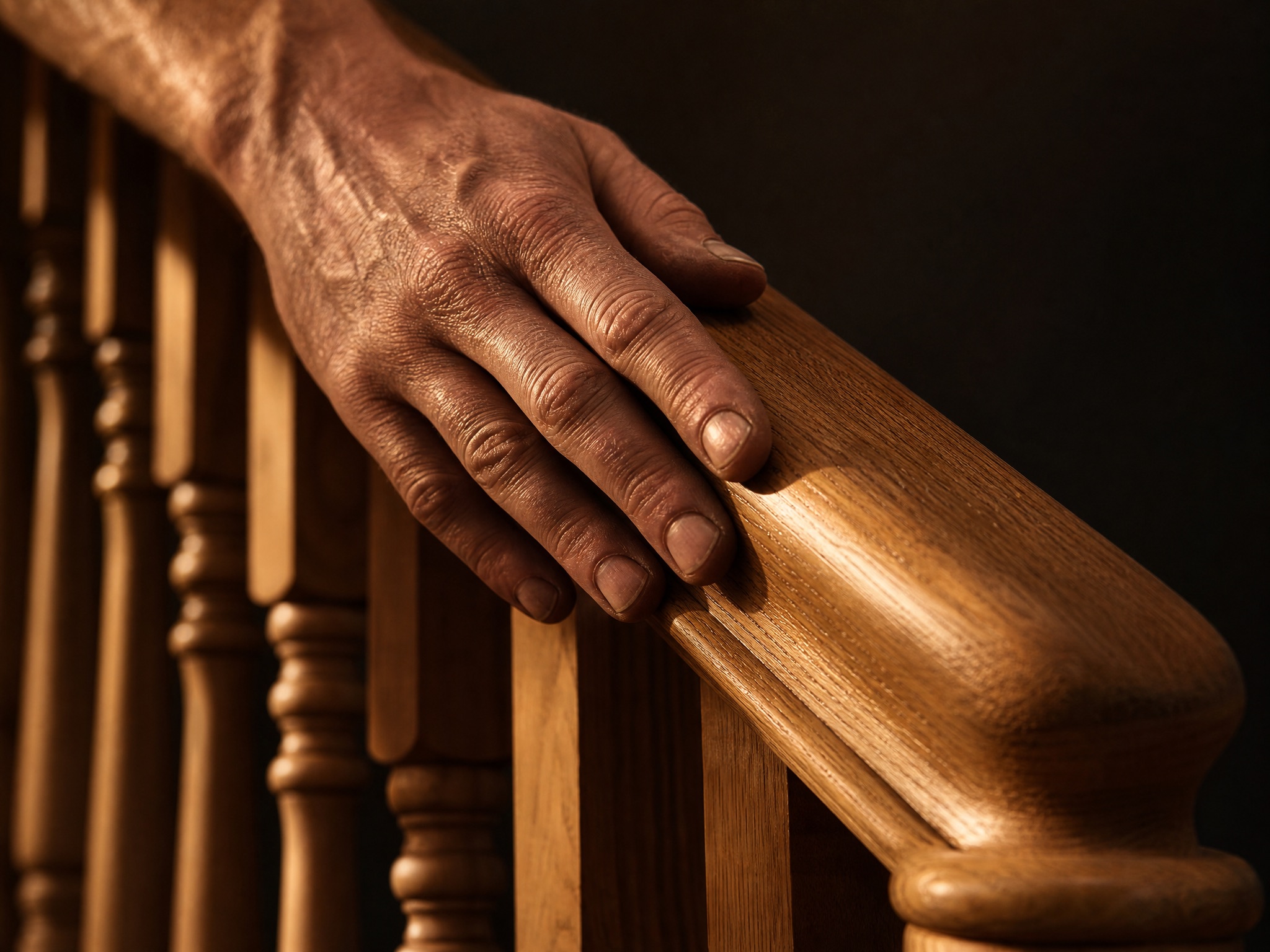 Craftsman's hand smoothing the handrail of a newly fitted bespoke oak staircase