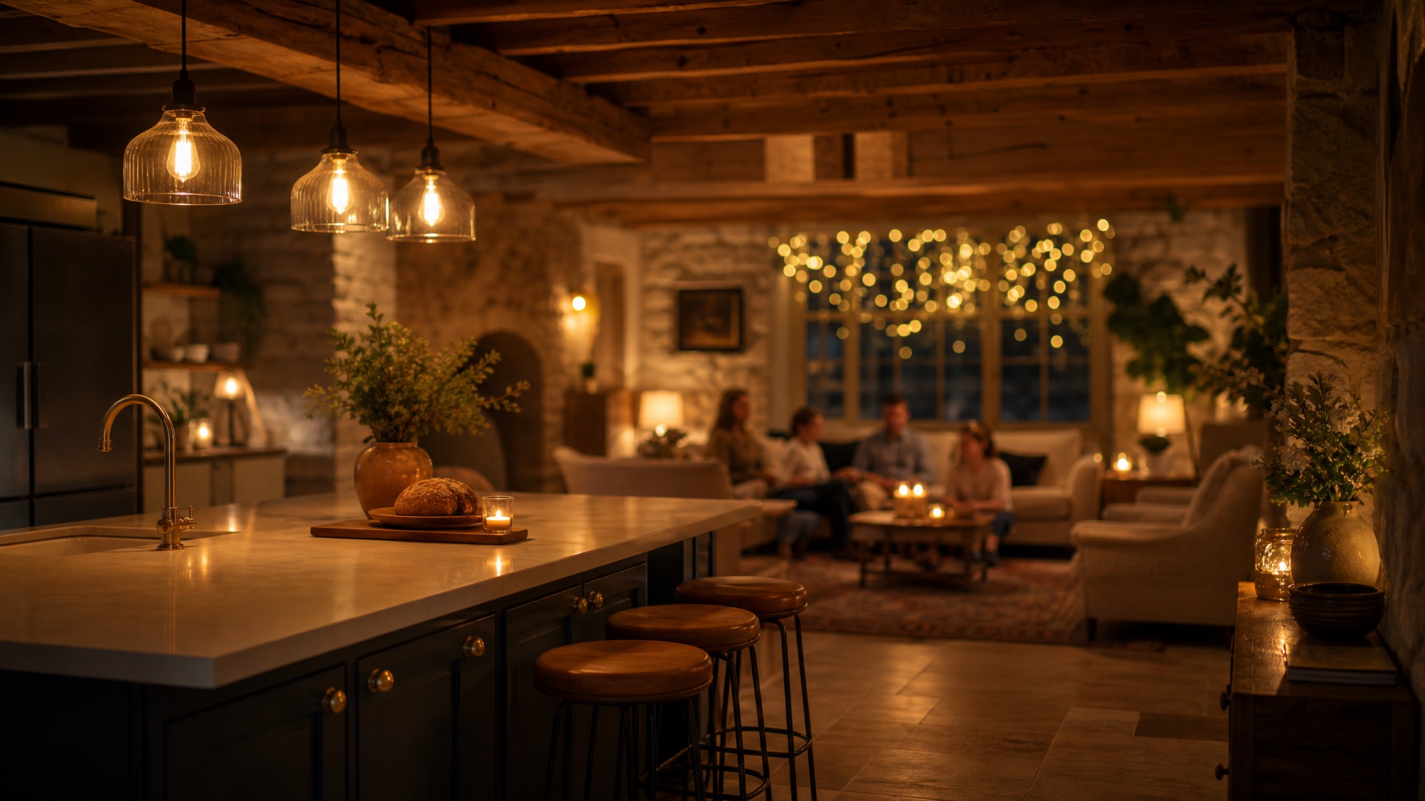 Finished open-plan kitchen and living space in a renovated stone cottage, warmly lit at night