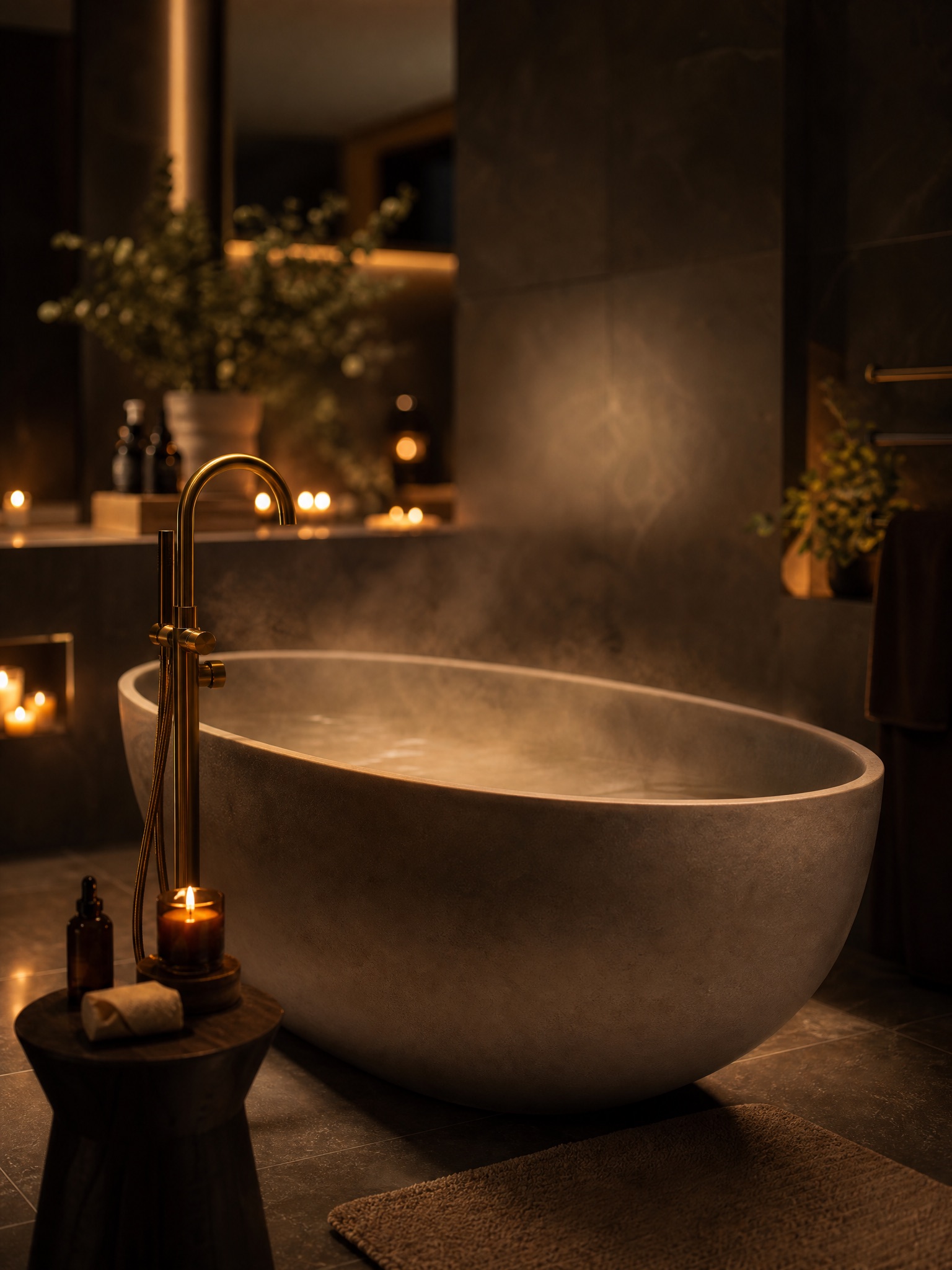 Elegant renovated bathroom with freestanding bath and brushed brass taps