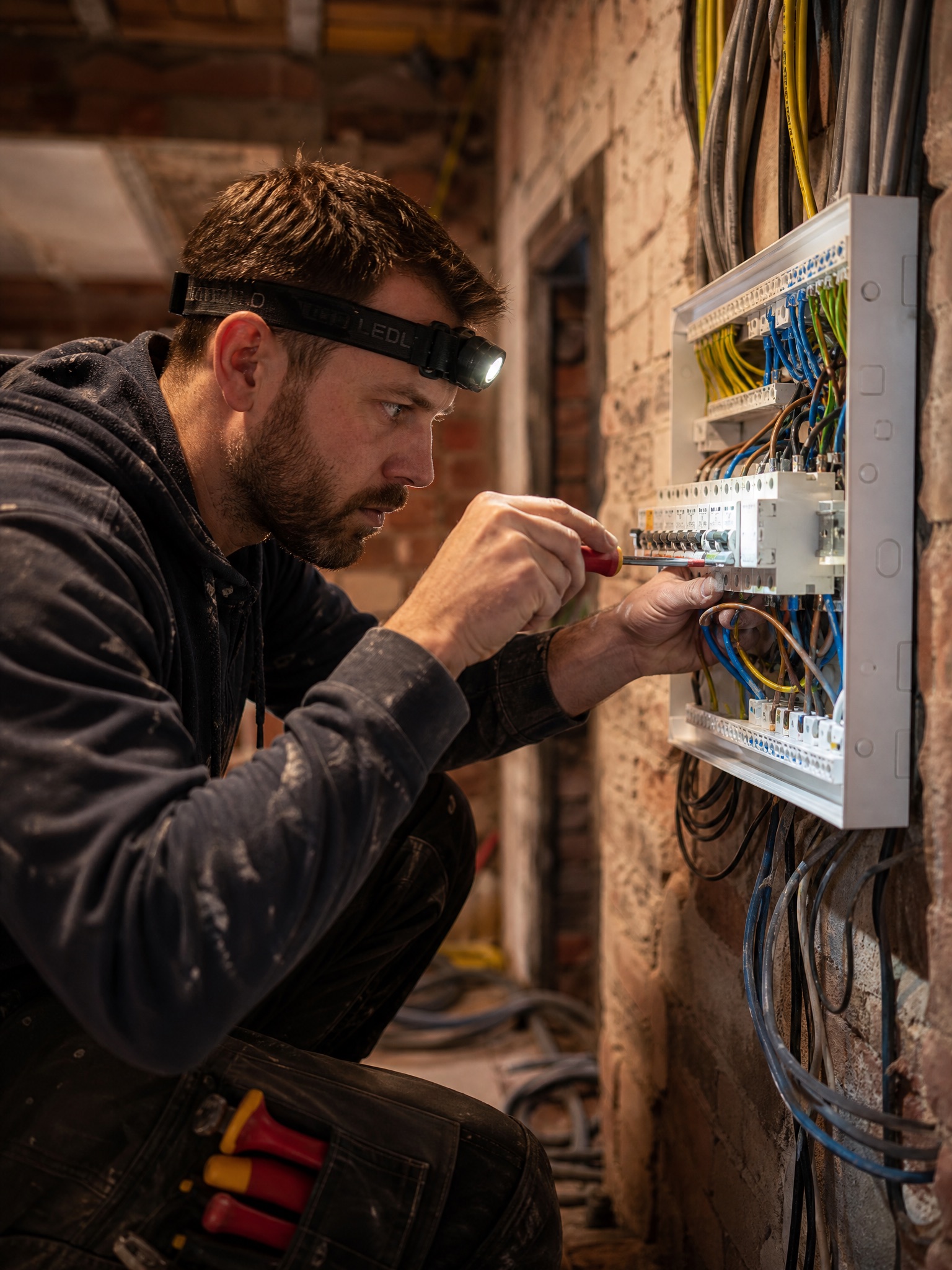 Electrician wiring a new consumer unit in a house mid-renovation