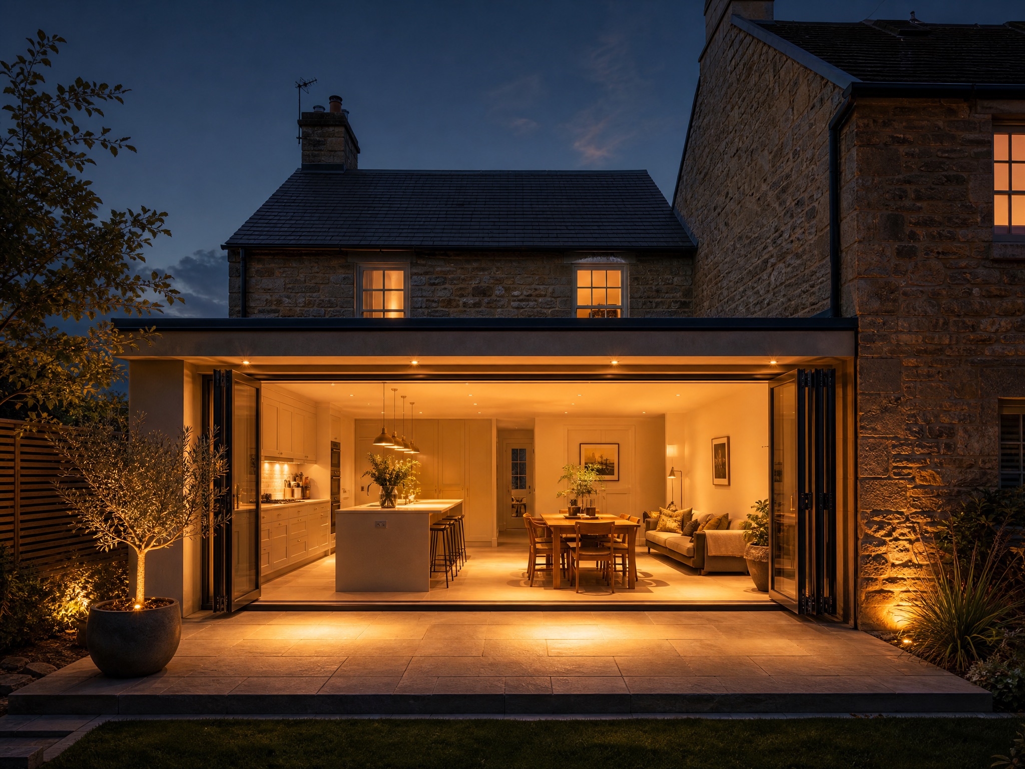 Rear extension with bifold doors open to a lit patio at dusk