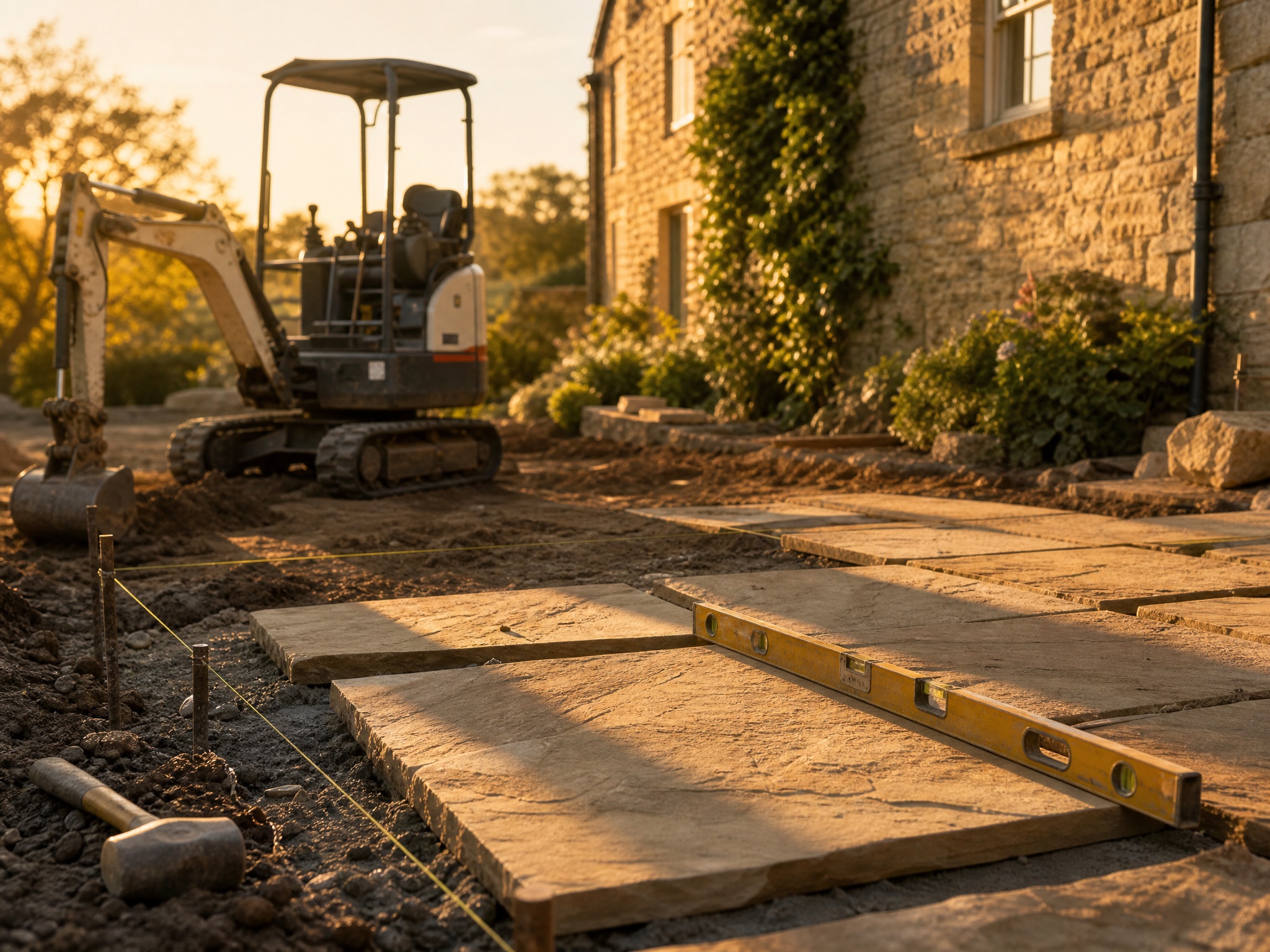New sandstone patio being laid in a garden at golden hour