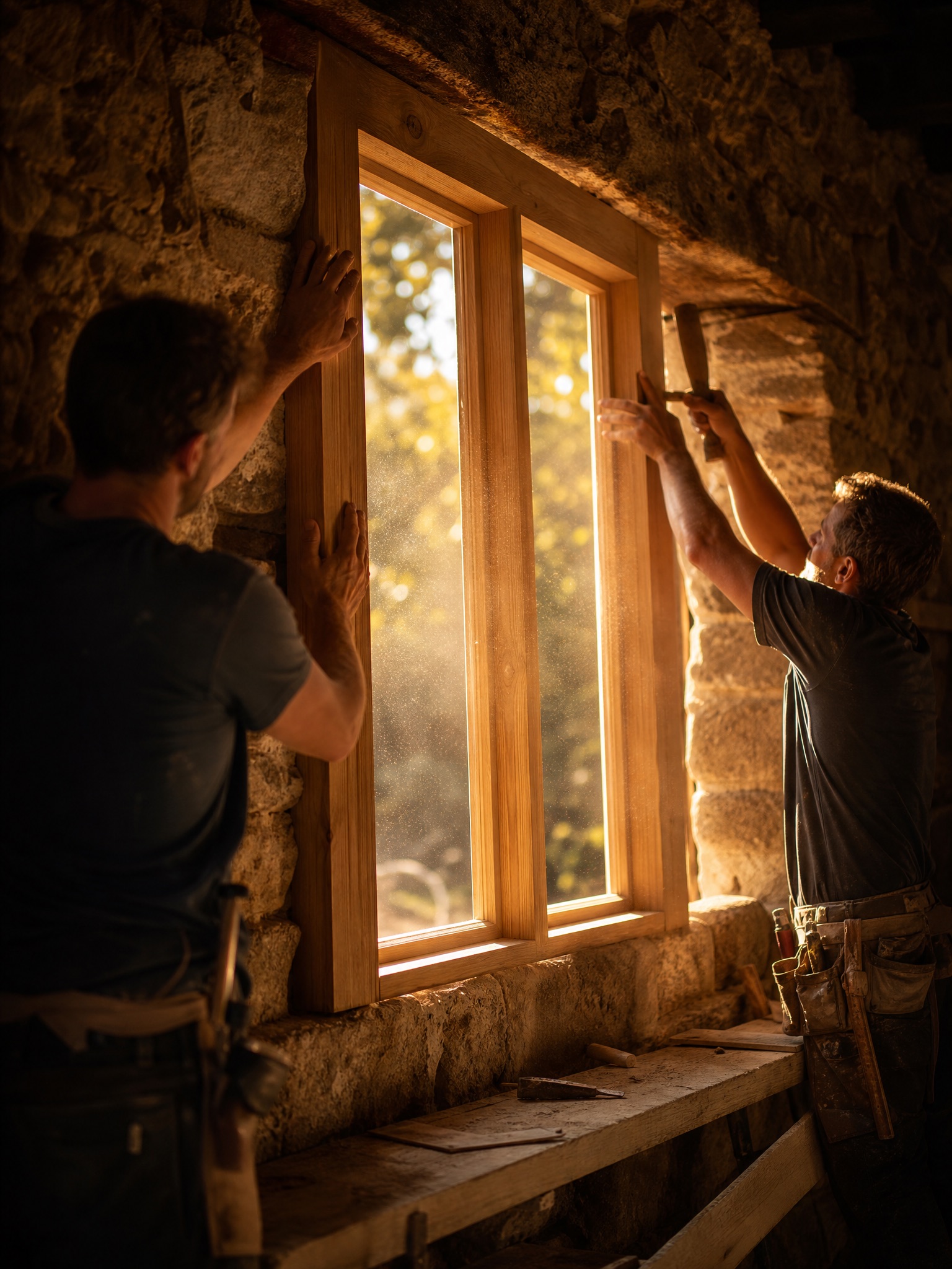Joiners fitting a bespoke oak window frame in a stone wall opening