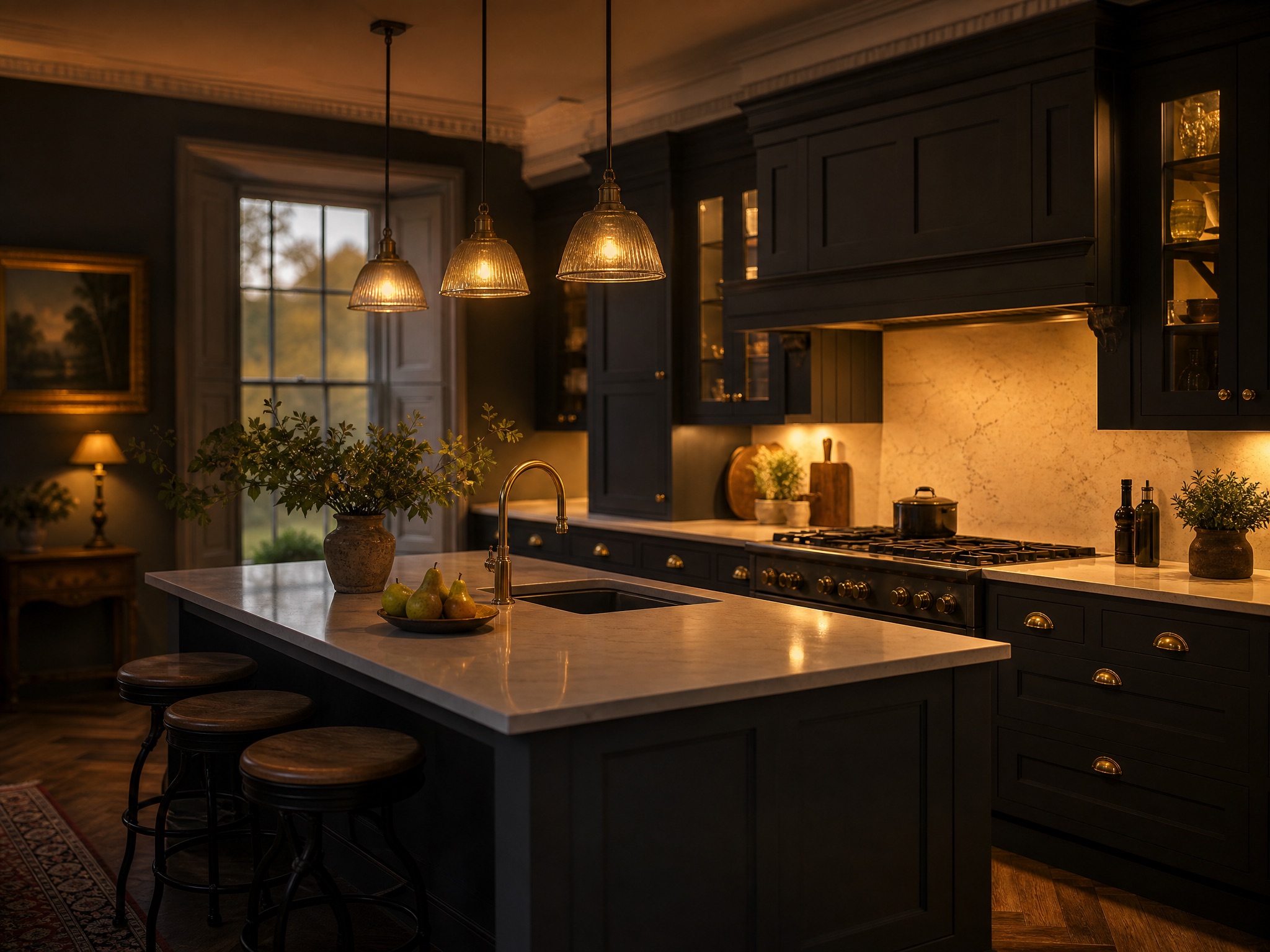 Renovated shaker kitchen with quartz worktops and brass fittings under warm pendant lights