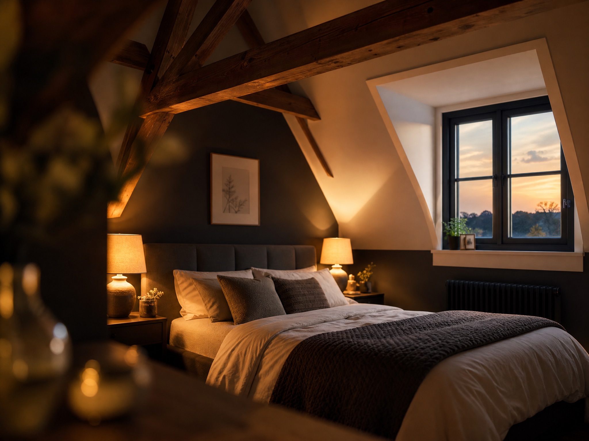 Loft conversion bedroom with exposed oak trusses and dormer window