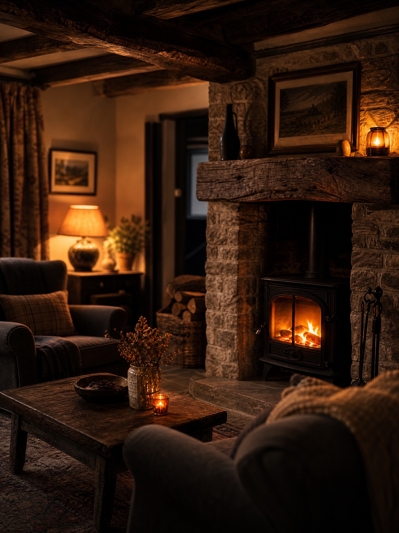 Renovated sitting room with restored stone fireplace and lit log burner