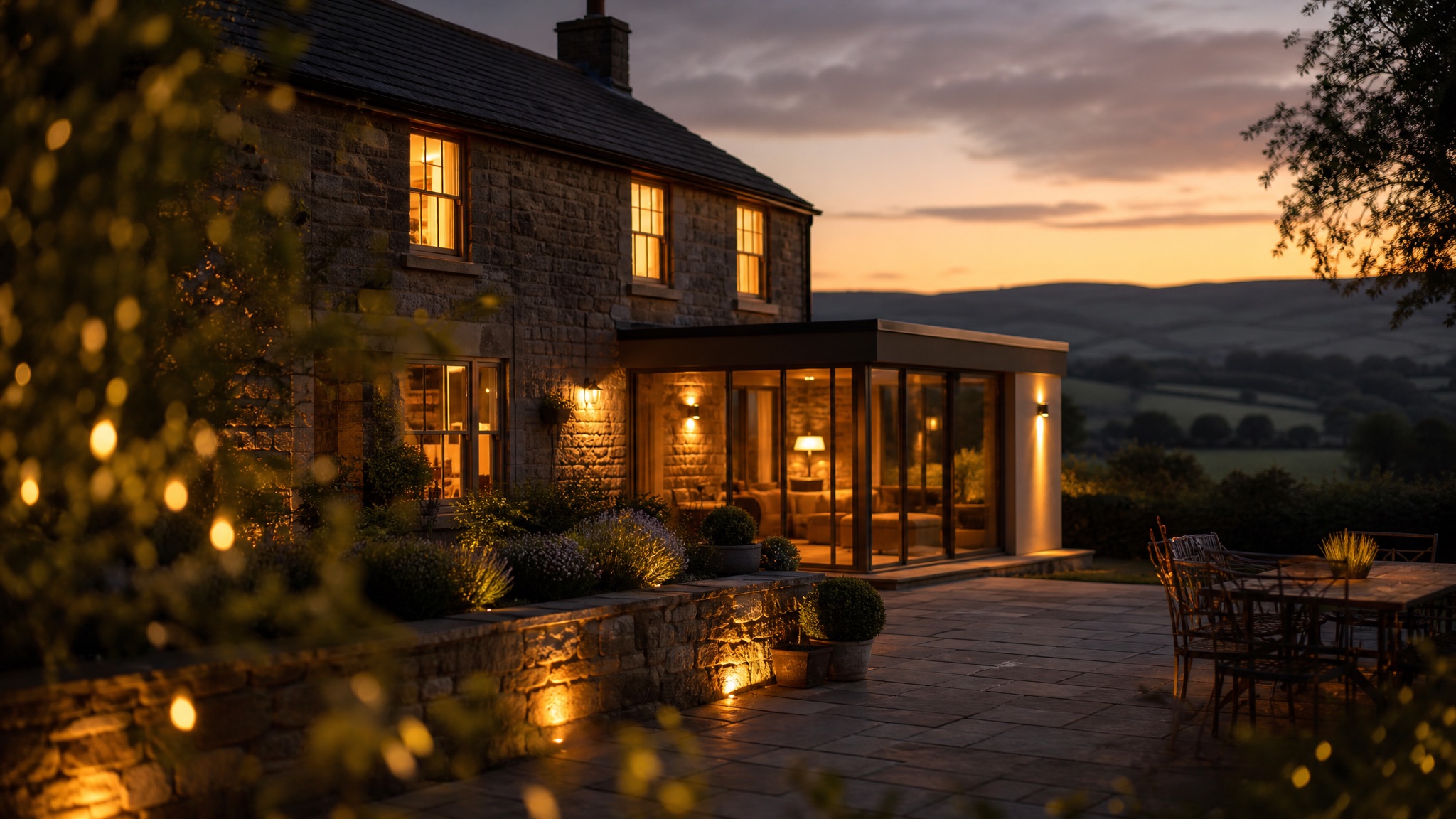 Beautifully renovated Derbyshire stone house at dusk, warm light glowing from new windows, Peak District hills beyond