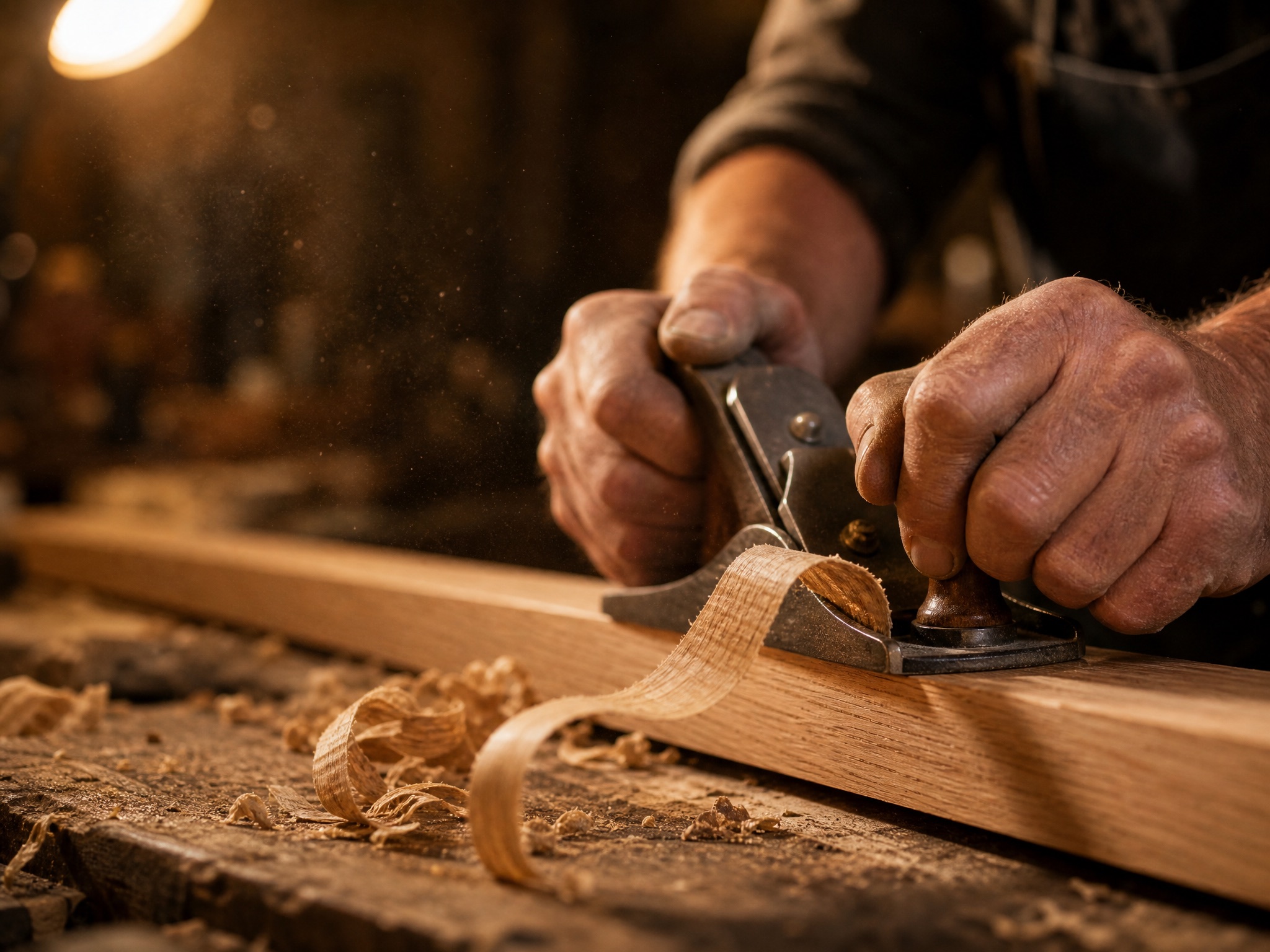 Craftsman's hands planing oak in a joinery workshop under warm lamplight